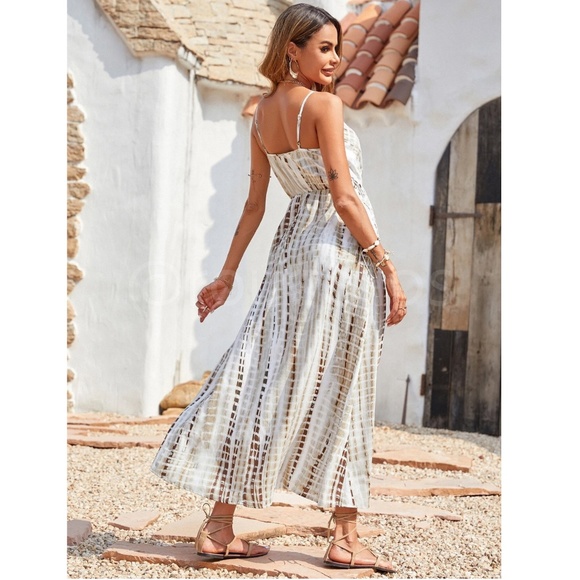 Tie Dye White Beige Tan V-Neck Cami Dress Maxi Flared Long Surplice Overlapping - Picture 3 of 10